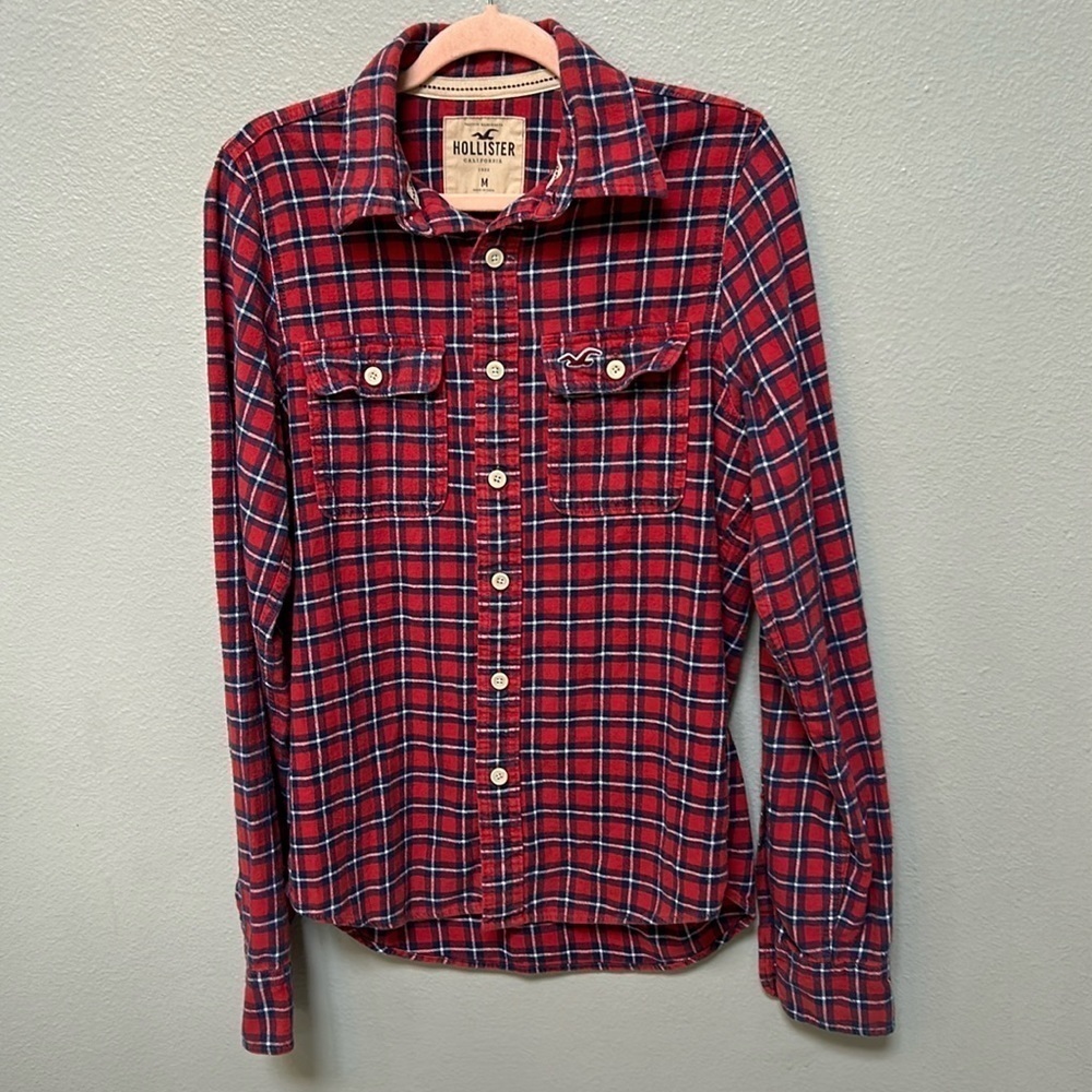Hollister Red Blue White Flannel Plaid Button Down Long Sleeve Shirt, medium